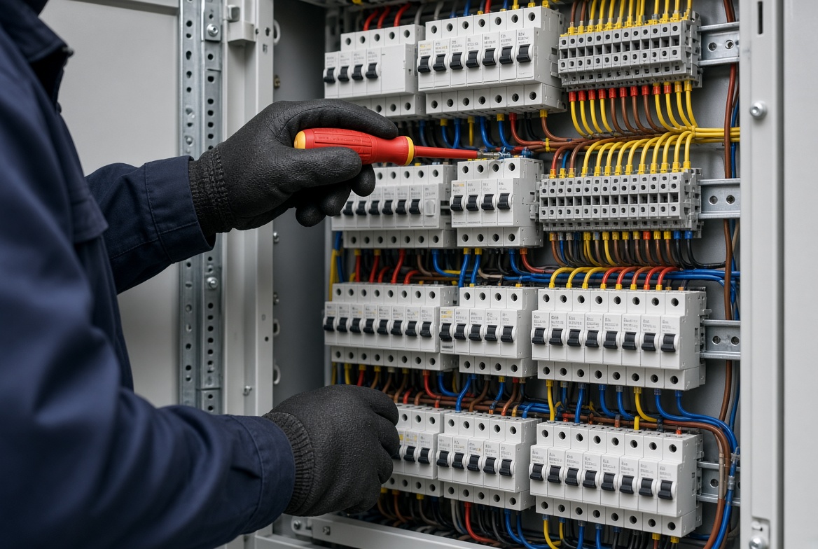 Electrician working on a commercial distribution board